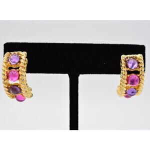 Givenchy Vintage Cabochon Hoop Earrings Pink Purple Runway Signed 1980s BinAI